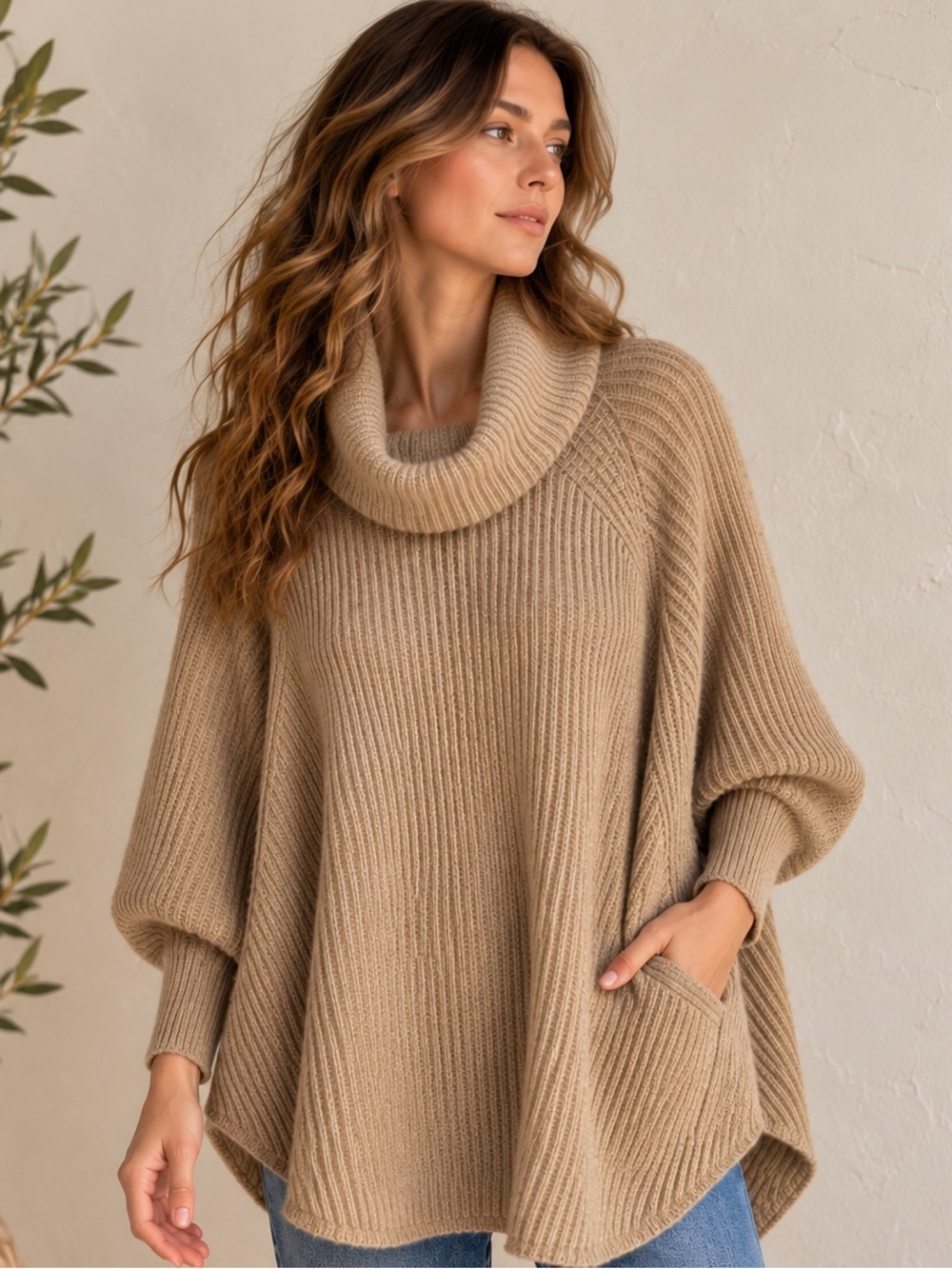 CO Collection Wool Cashmere Poncho Sweater Cowl Neck Quiet Luxury M L